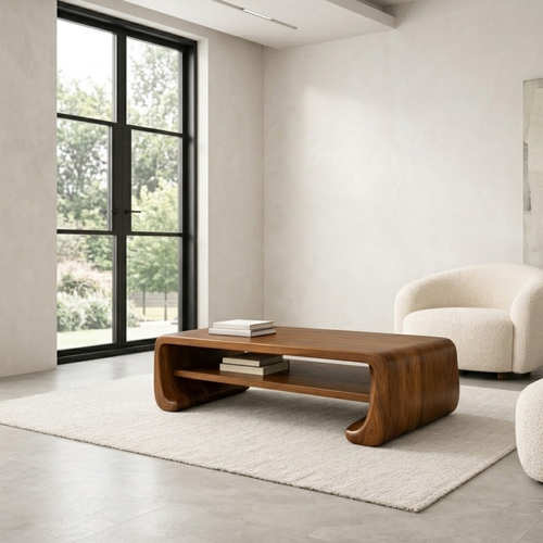 Handcrafted Solid Wood Sculptural Coffee Table with Open Shelf - view 2 of 9