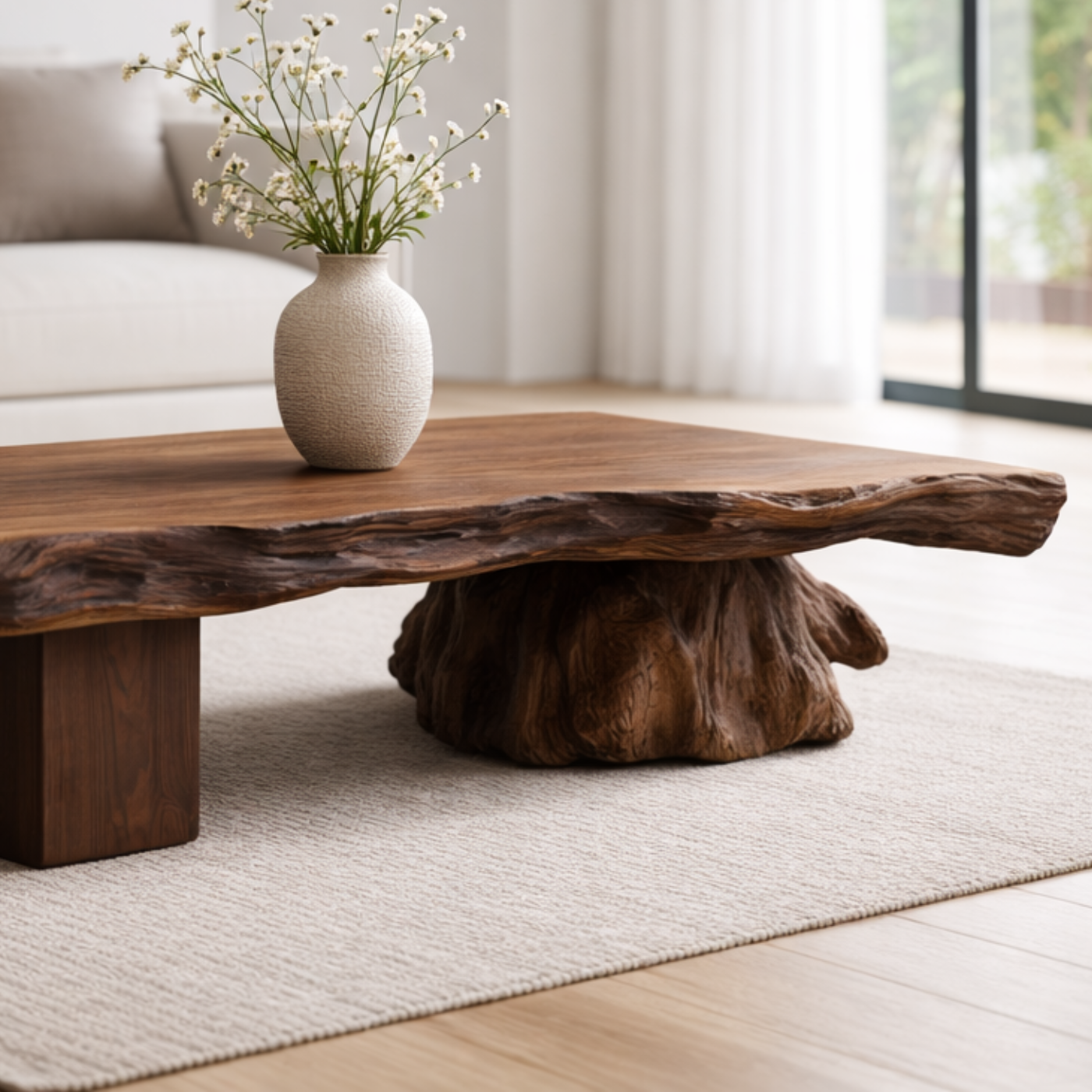 Live Edge Solid Wood Coffee Table with Sculptural Base – Handcrafted Rustic Modern Design - view 2 of 9
