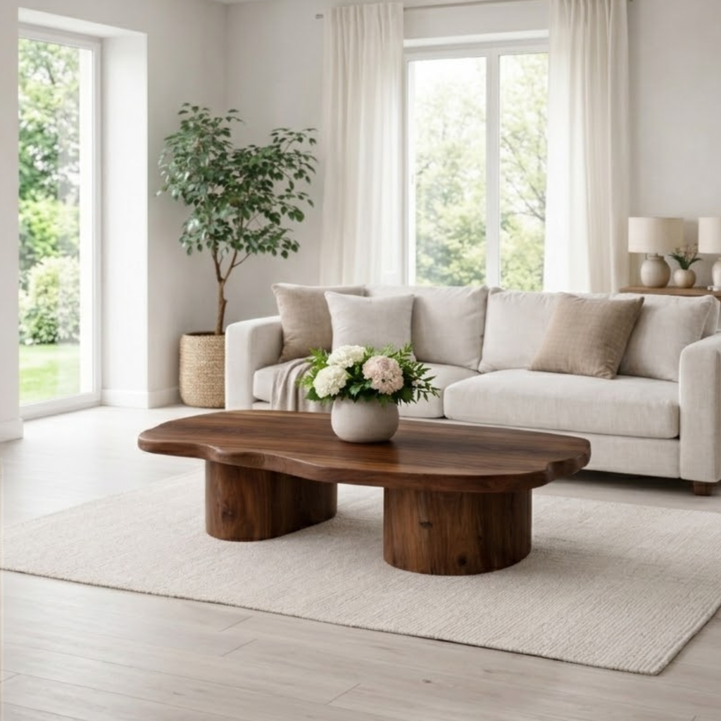 Solid Wood Coffee Table with Organic Shape & Dual Pedestal Base – Modern Rustic Design - view 2 of 9