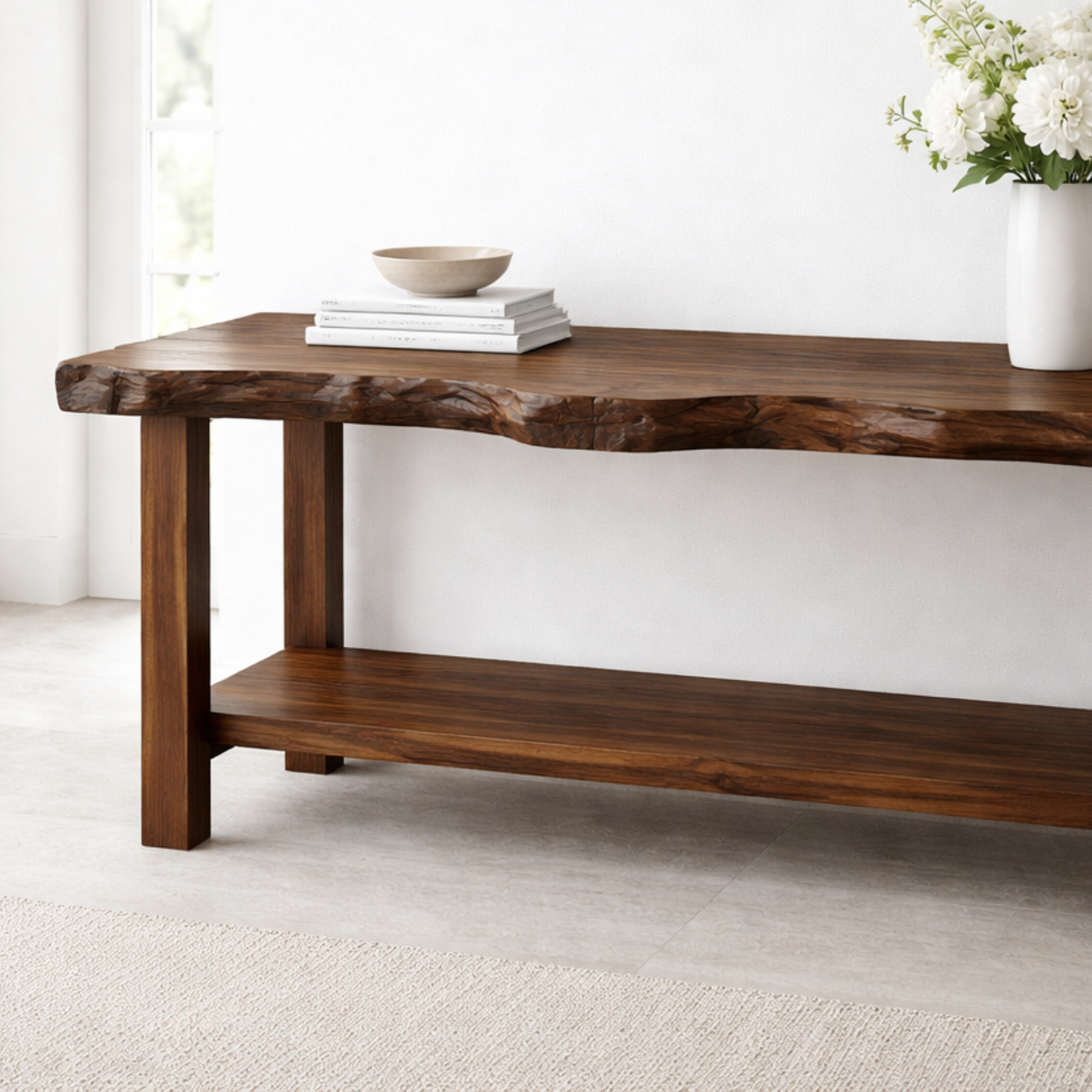 Solid Wood Console Table with Live Edge Top – Rustic Entryway & Sofa Table with Shelf - view 2 of 9