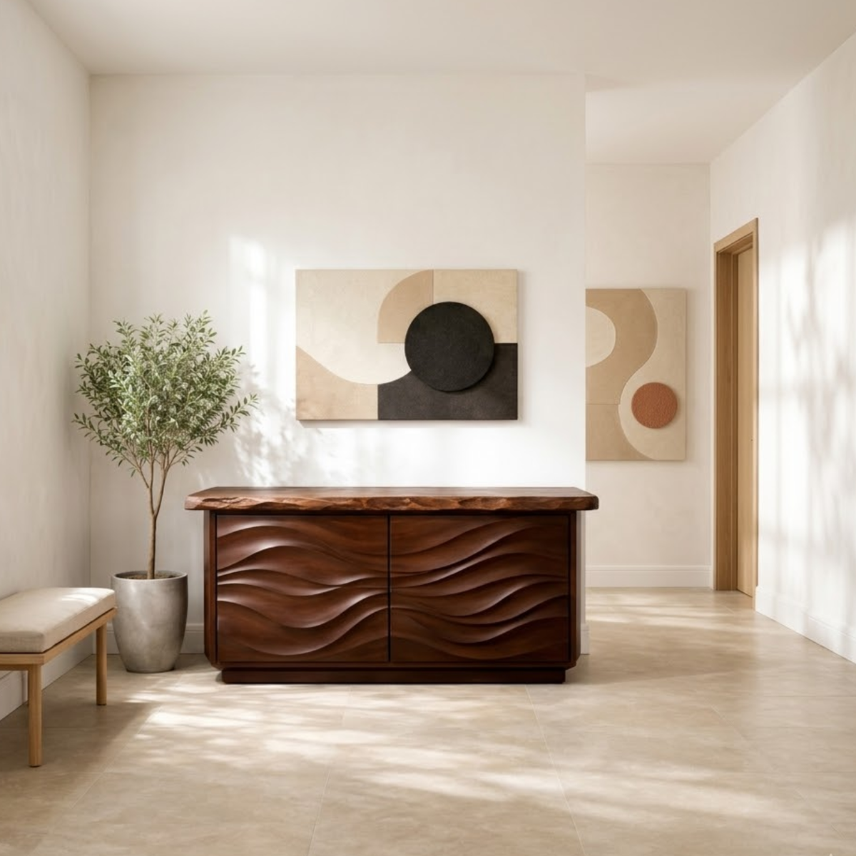 Solid Wood Console Table with Carved Wave Doors – Modern Sculptural Entryway Cabinet - view 2 of 9