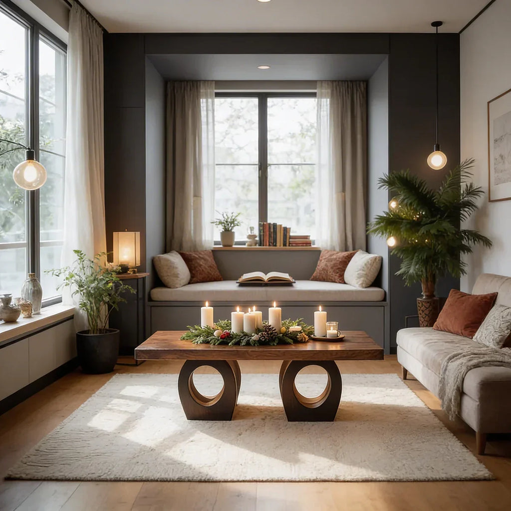 Natural Wood Coffee Table with Dual Circular Open Frame Base - view 4 of 7