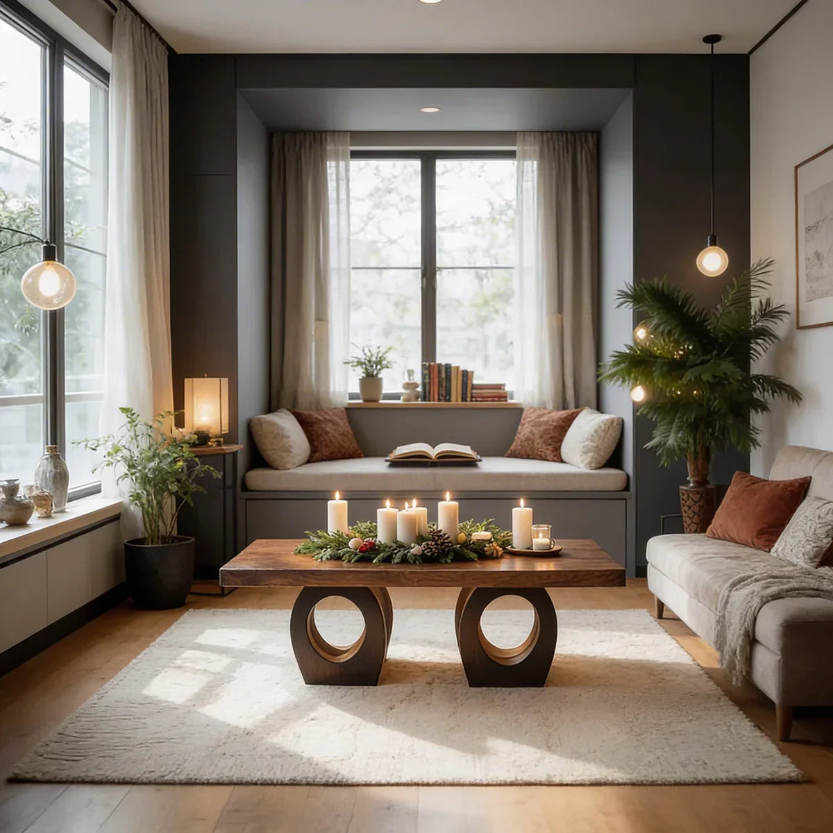 Natural Wood Coffee Table with Dual Circular Open Frame Base - view 4 of 7