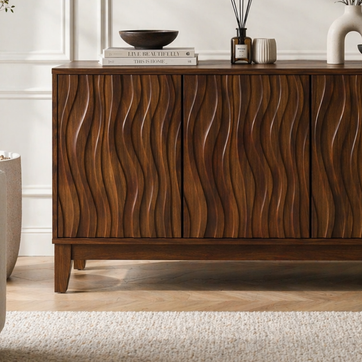 Solid Wood Fluted Console Sideboard – Modern Walnut Storage Cabinet - view 2 of 9