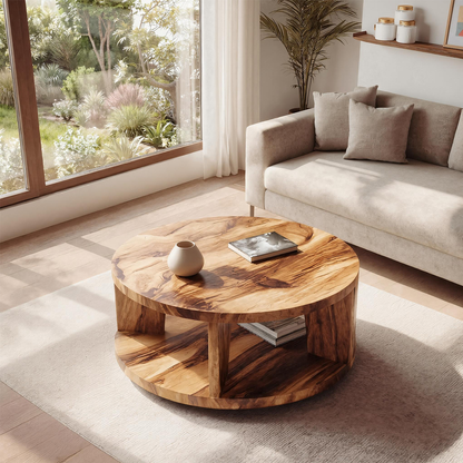 Round Solid Wood Coffee Table with Open Shelf Storage - view 3 of 7