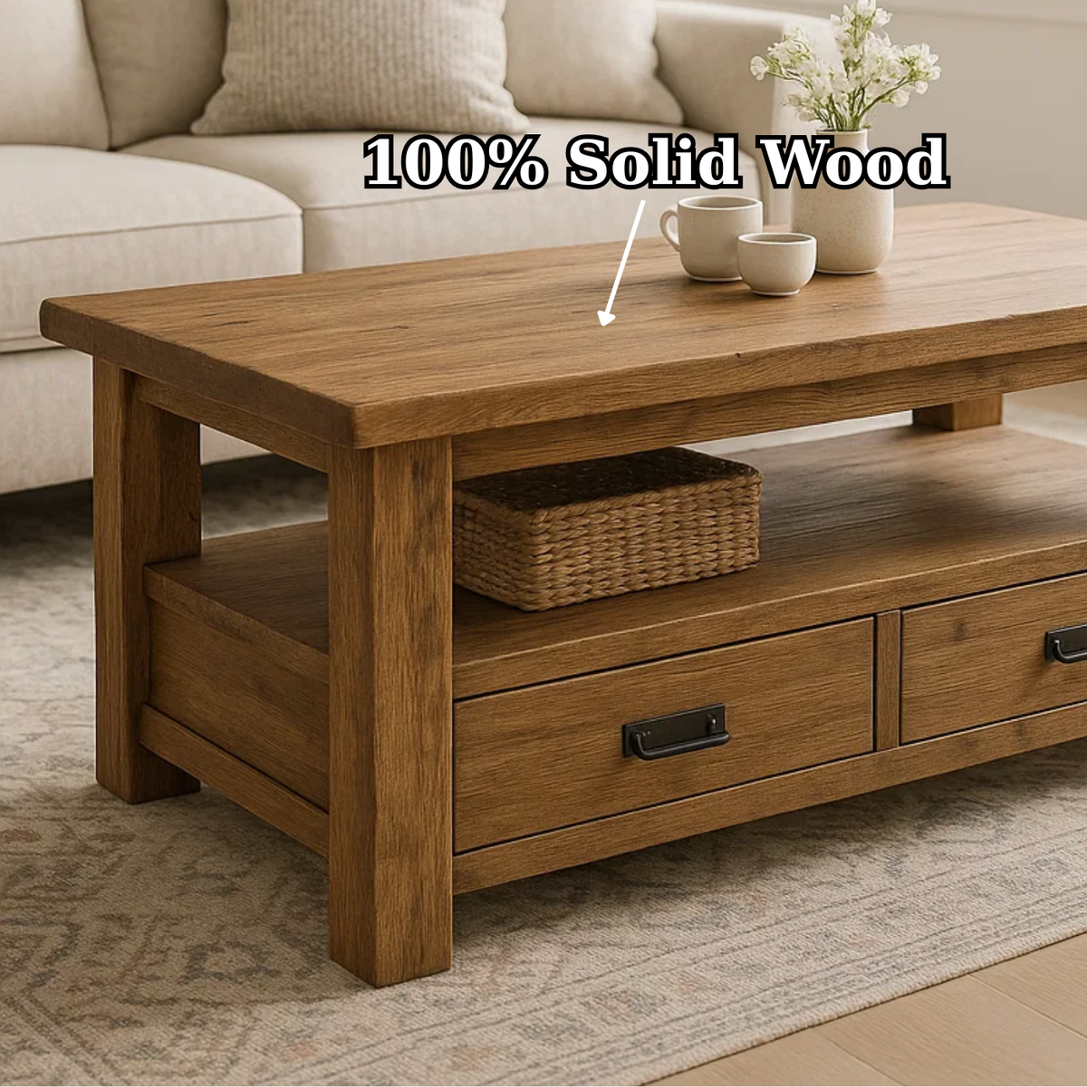 Handcrafted Solid Wood Coffee Table – Rustic Farmhouse Storage with Two Drawers and Shelf - view 6 of 6