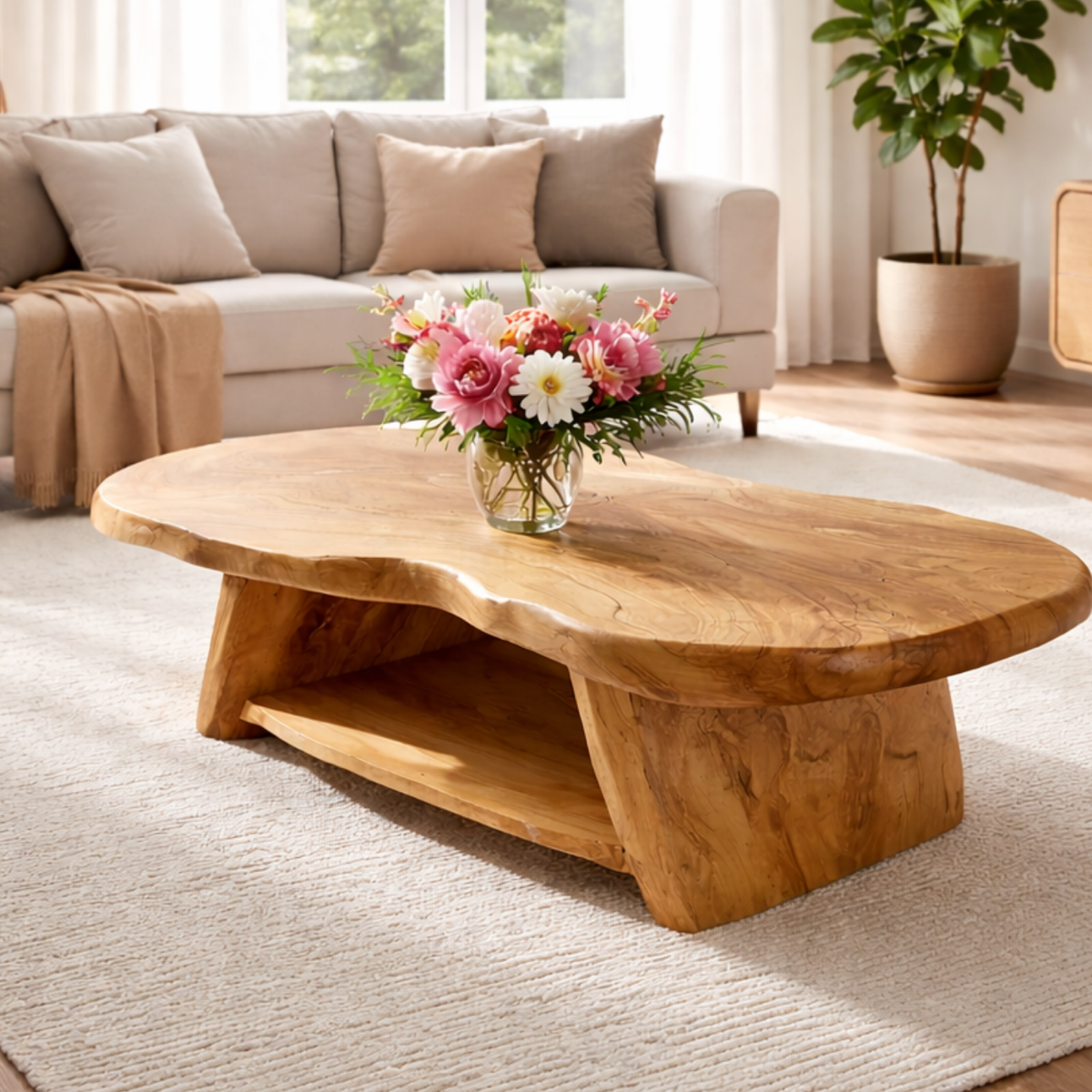Organic Solid Wood Coffee Table with Sculpted Base in Light Natural Oak - view 2 of 9