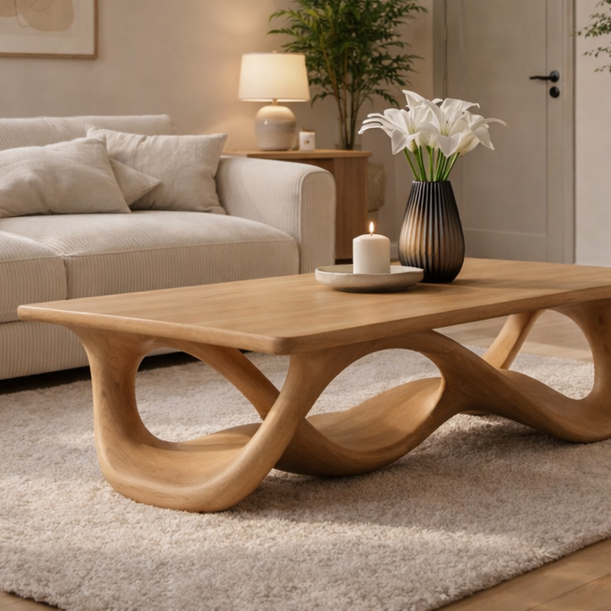 Solid Wood Coffee Table with Sculptural Wave Base in Light Oak Finish - view 2 of 9