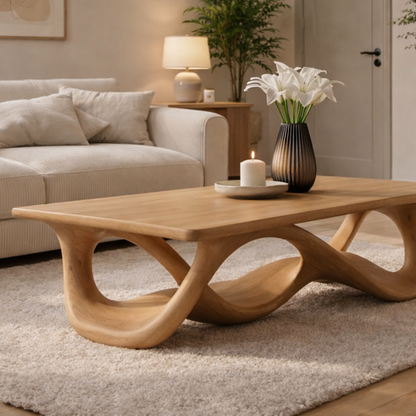 Solid Wood Coffee Table with Sculptural Wave Base in Light Oak Finish - view 2 of 9