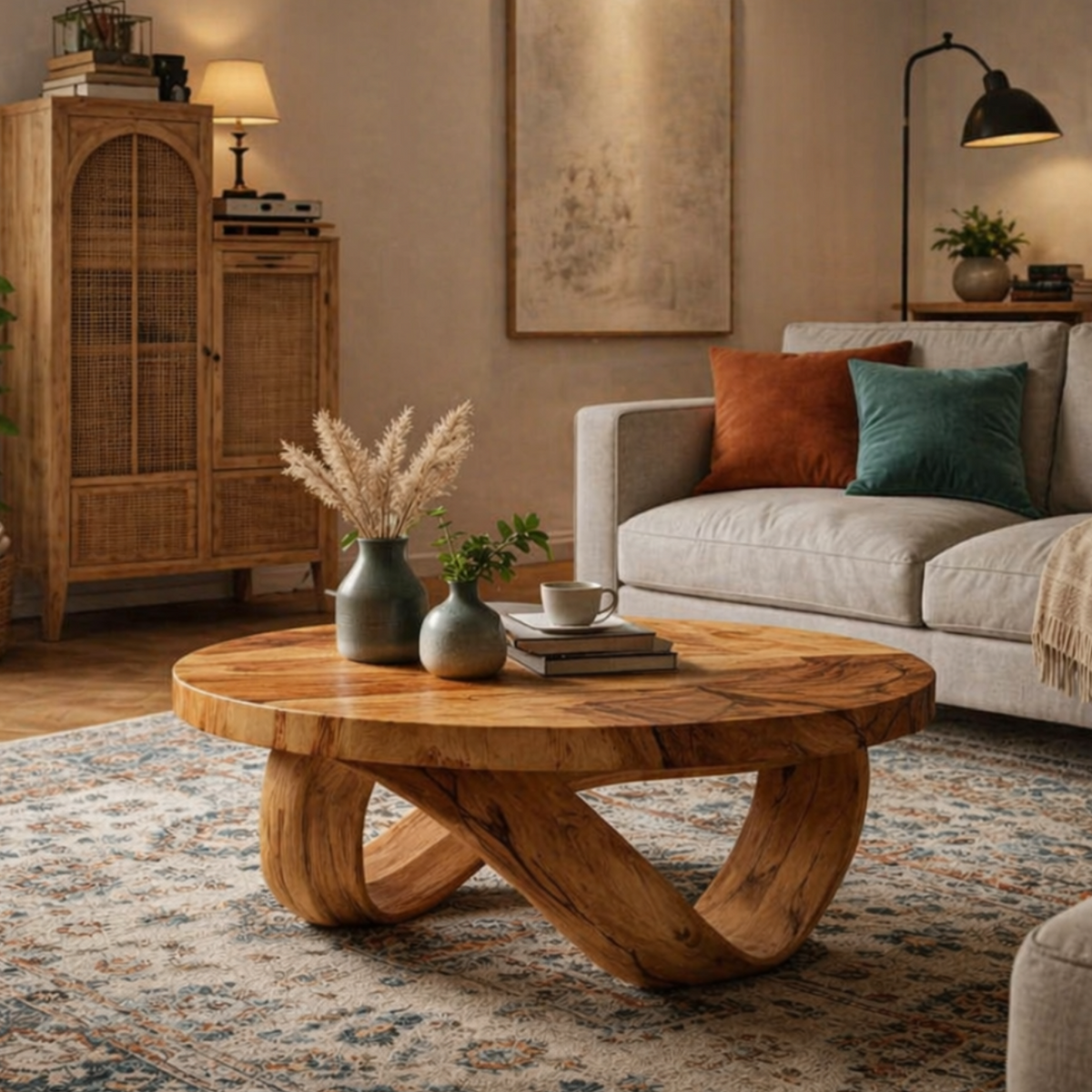 Round Solid Wood Coffee Table with Sculptural Curved Base in Warm Walnut Tone - view 2 of 9