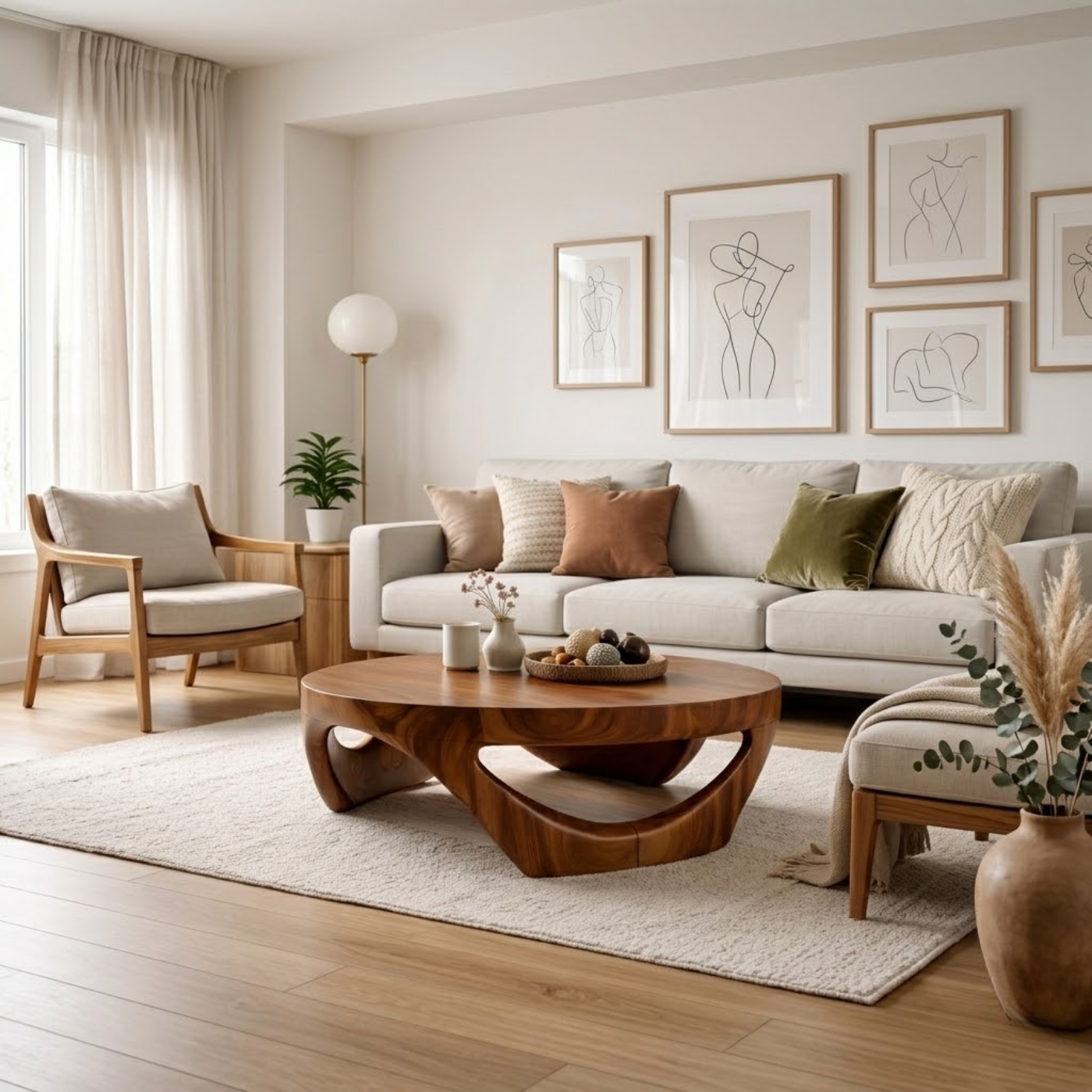 Round Solid Wood Coffee Table with Sculptural Base in Deep Walnut Finish - view 2 of 9