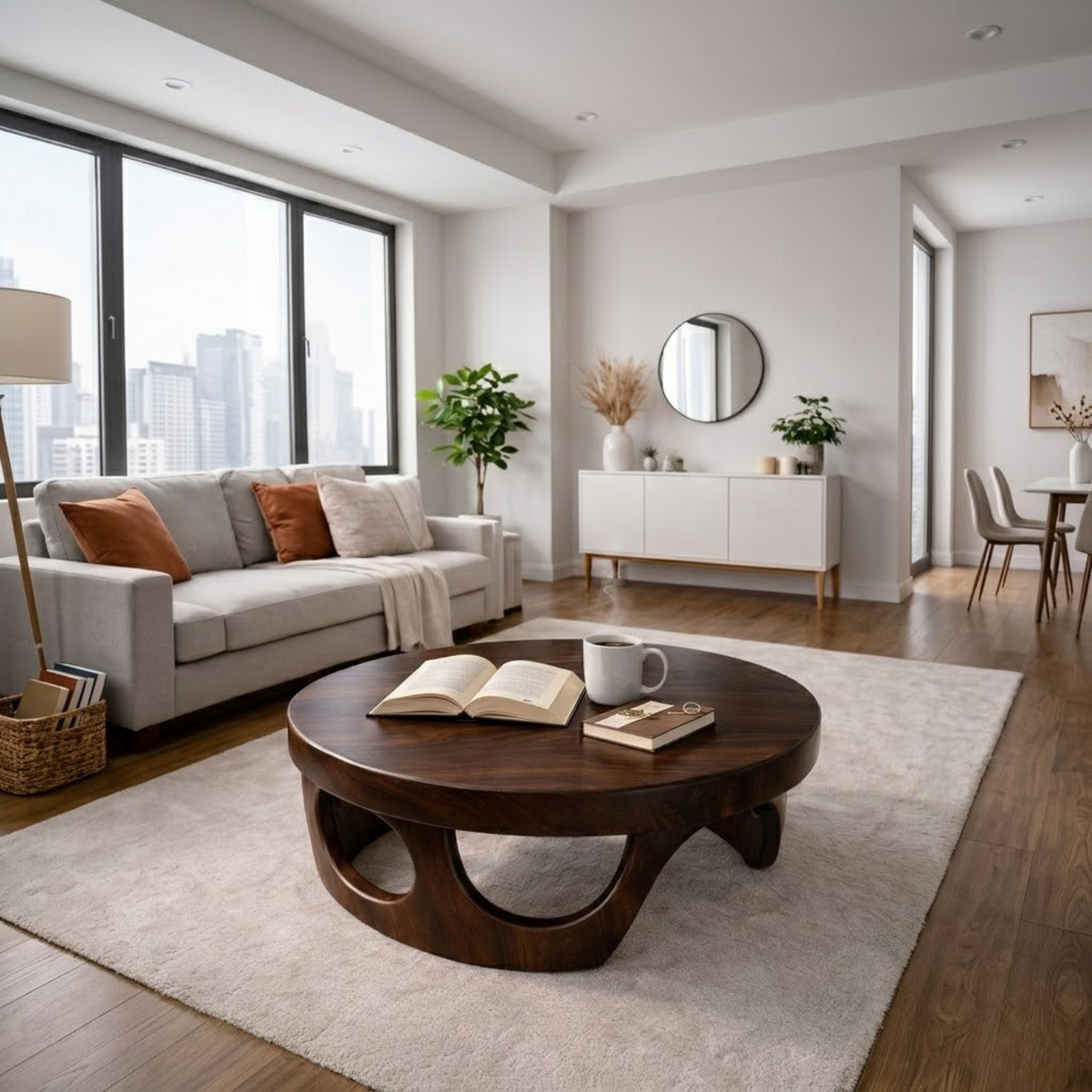 Round Solid Wood Coffee Table with Sculptural Base and Rich Walnut Finish - view 2 of 9