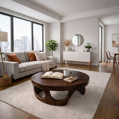 Round Solid Wood Coffee Table with Sculptural Base and Rich Walnut Finish - view 2 of 9