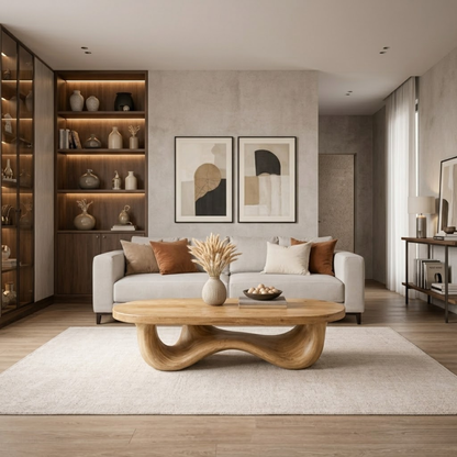 Solid Wood Oval Coffee Table with Sculptural Wave Base and Rustic Walnut Finish - view 2 of 9
