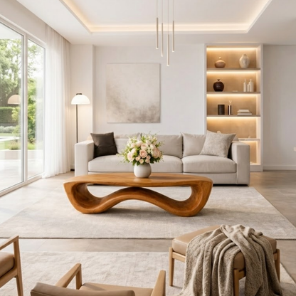 Organic Solid Wood Coffee Table with Sculptural Wave Base and Natural Finish - view 2 of 9