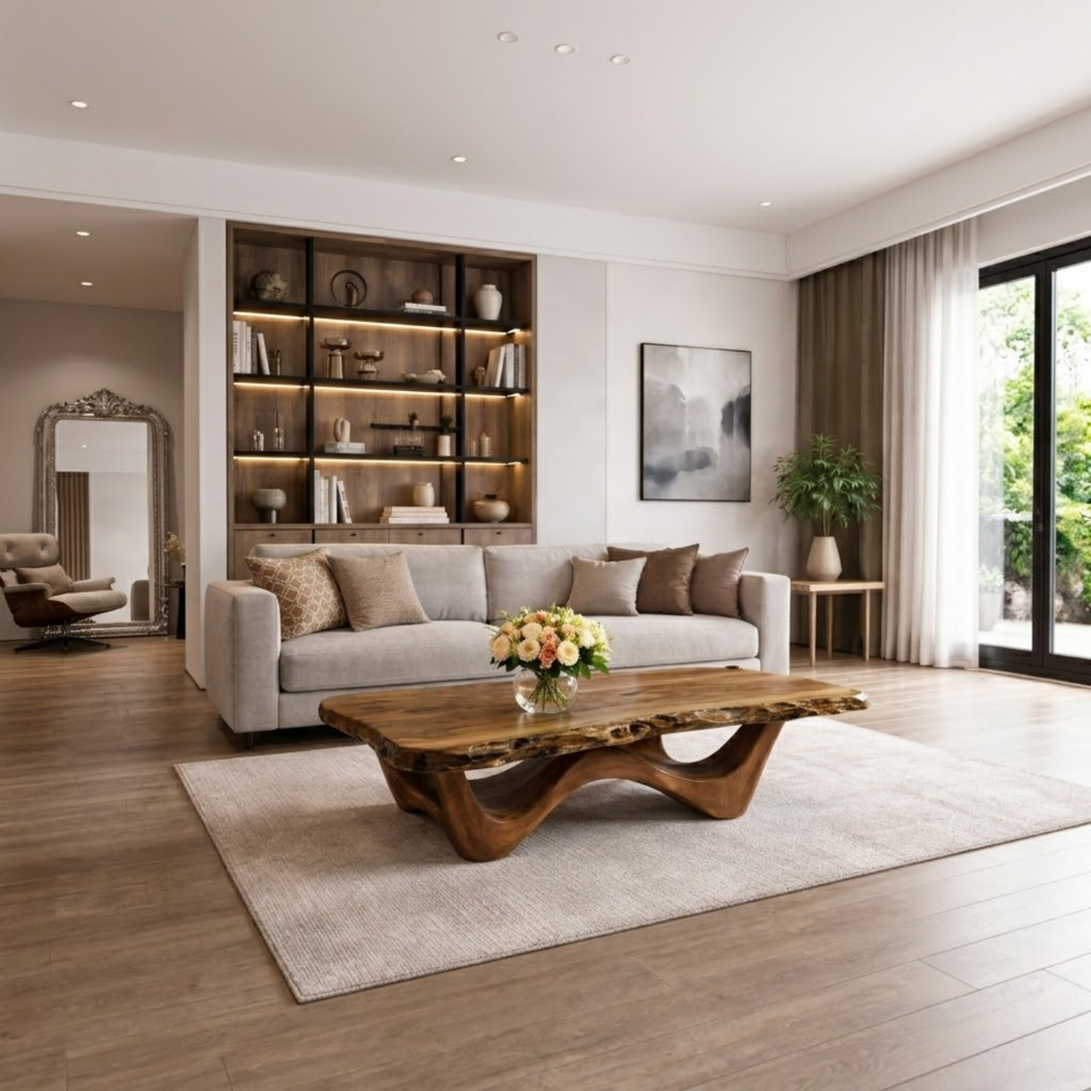 Live Edge Solid Wood Coffee Table with Sculptural Base and Natural Grain - view 2 of 9