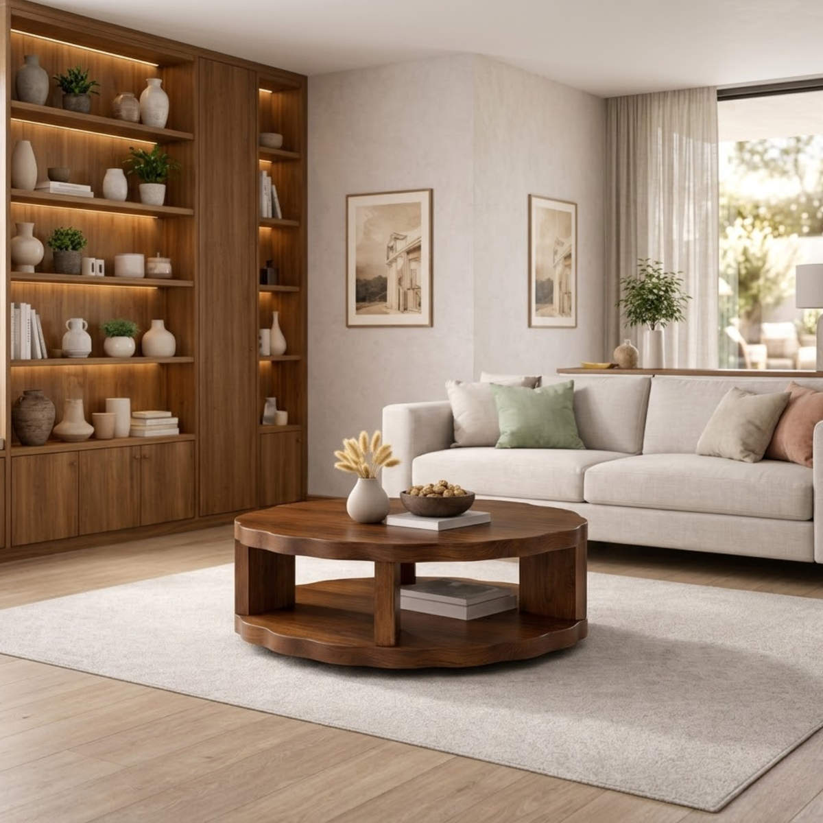 Round Solid Wood Coffee Table with Storage Shelf and Thick Slab Design - view 2 of 9