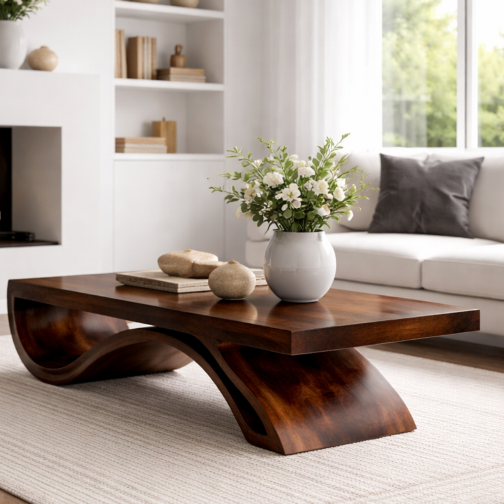 Solid Wood Coffee Table with Sculptural Base and Thick Slab Top - view 2 of 9