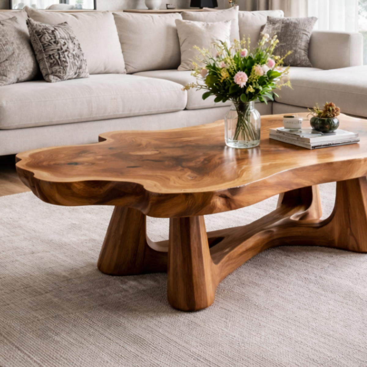 Solid Wood Live Edge Coffee Table with Sculptural Base and Organic Curved Design - view 2 of 9
