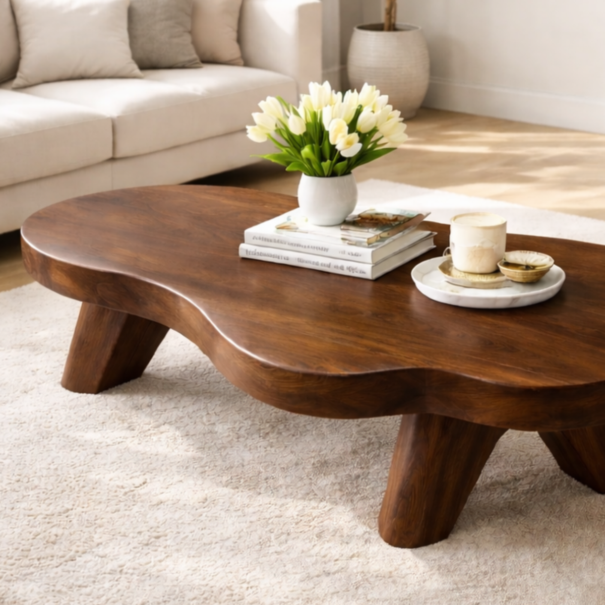 Organic Solid Wood Coffee Table with Sculpted Base and Smooth Curved Top - view 2 of 9