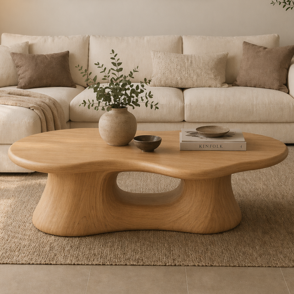Solid Wood Coffee Table with Sculpted Base and Organic Top - view 1 of 9