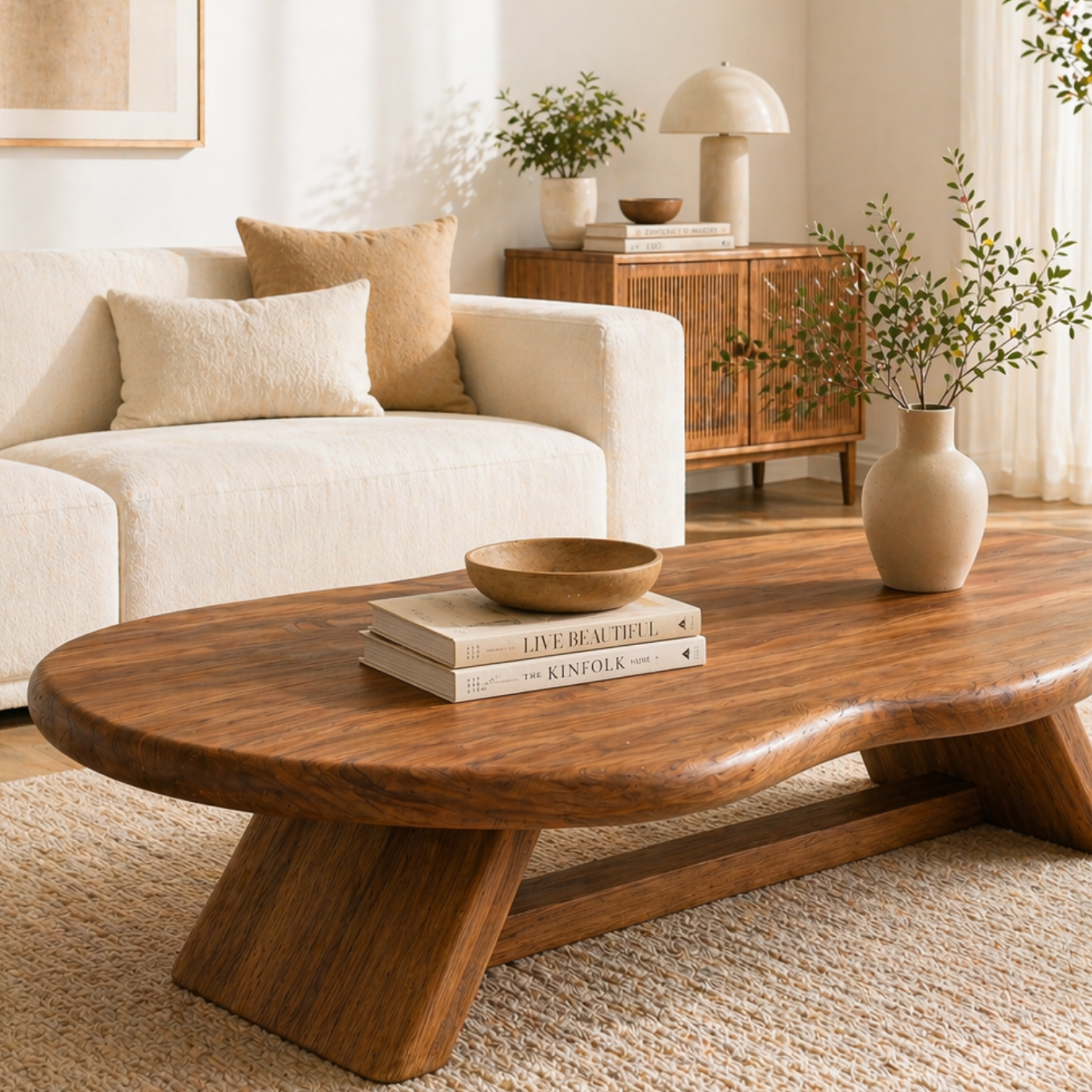 Solid Wood Coffee Table with Organic Oval Top and Angled Base - view 2 of 9