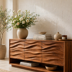 Solid Wood Console Table with Wave Carved Doors and Open Shelf in Walnut Finish - view 2 of 9