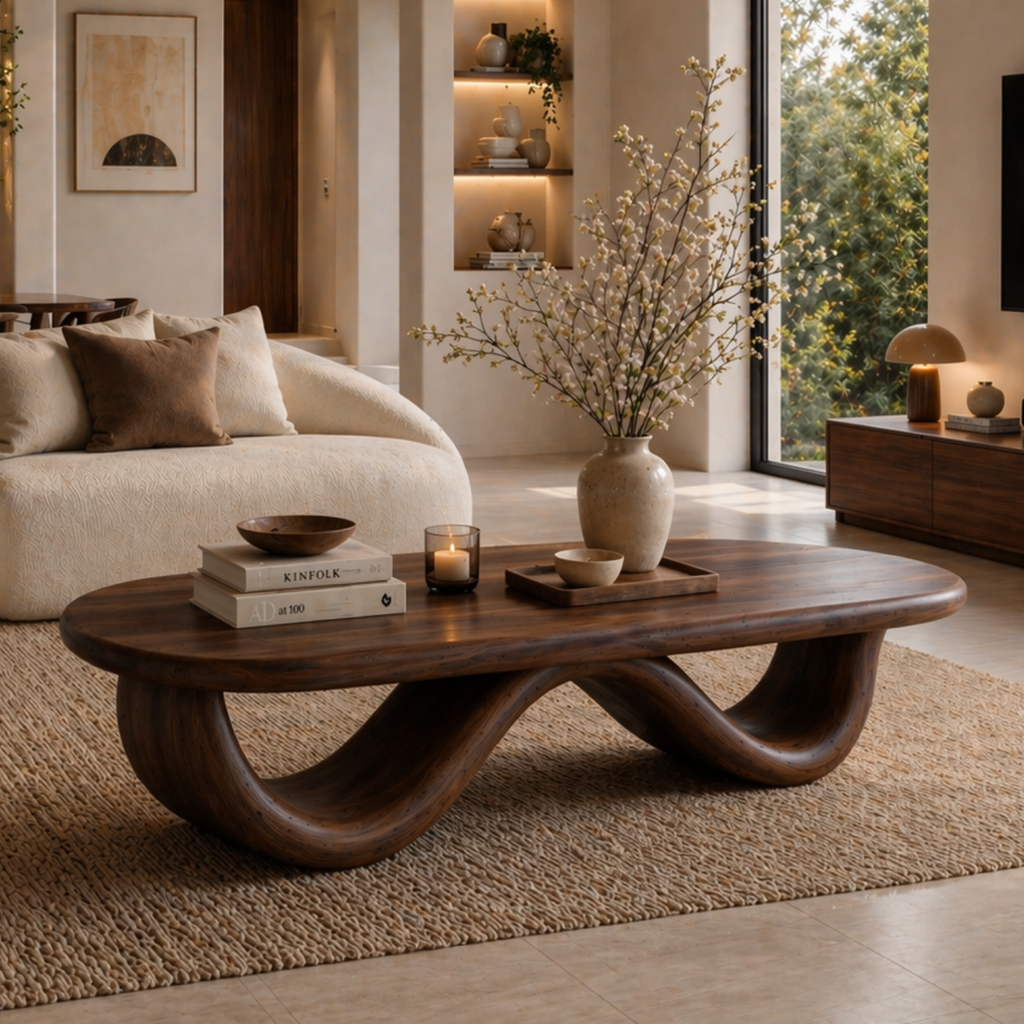 Solid Wood Coffee Table with Curved Sculptural Base and Organic Top - view 2 of 9