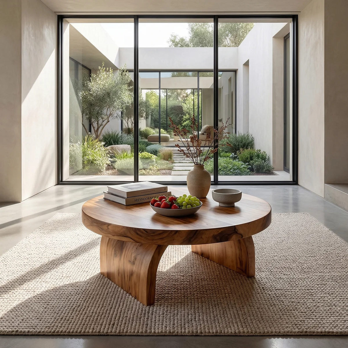 Round Solid Wood Coffee Table with Sculptural Block Base - view 4 of 7