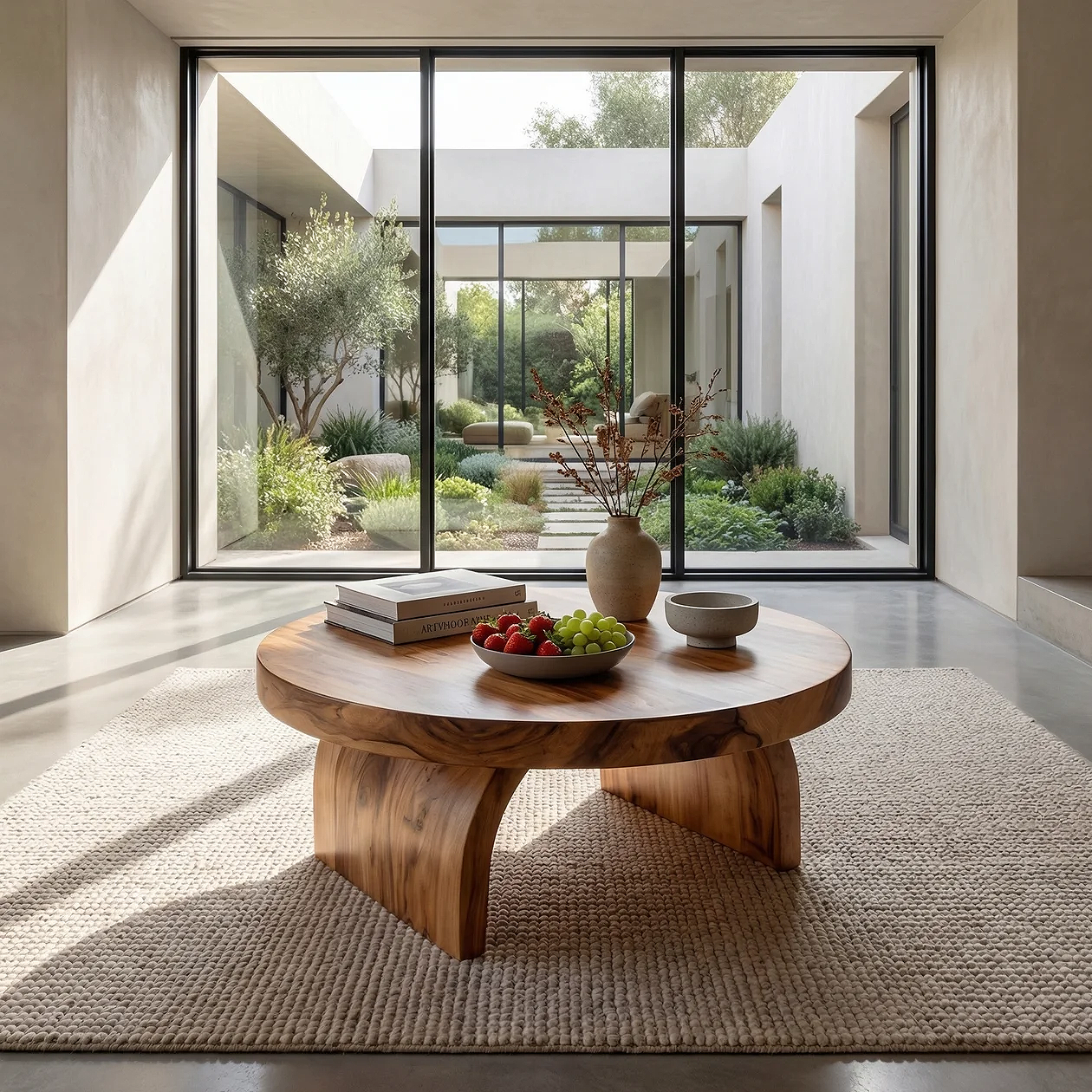 Round Solid Wood Coffee Table with Sculptural Block Base - view 4 of 7