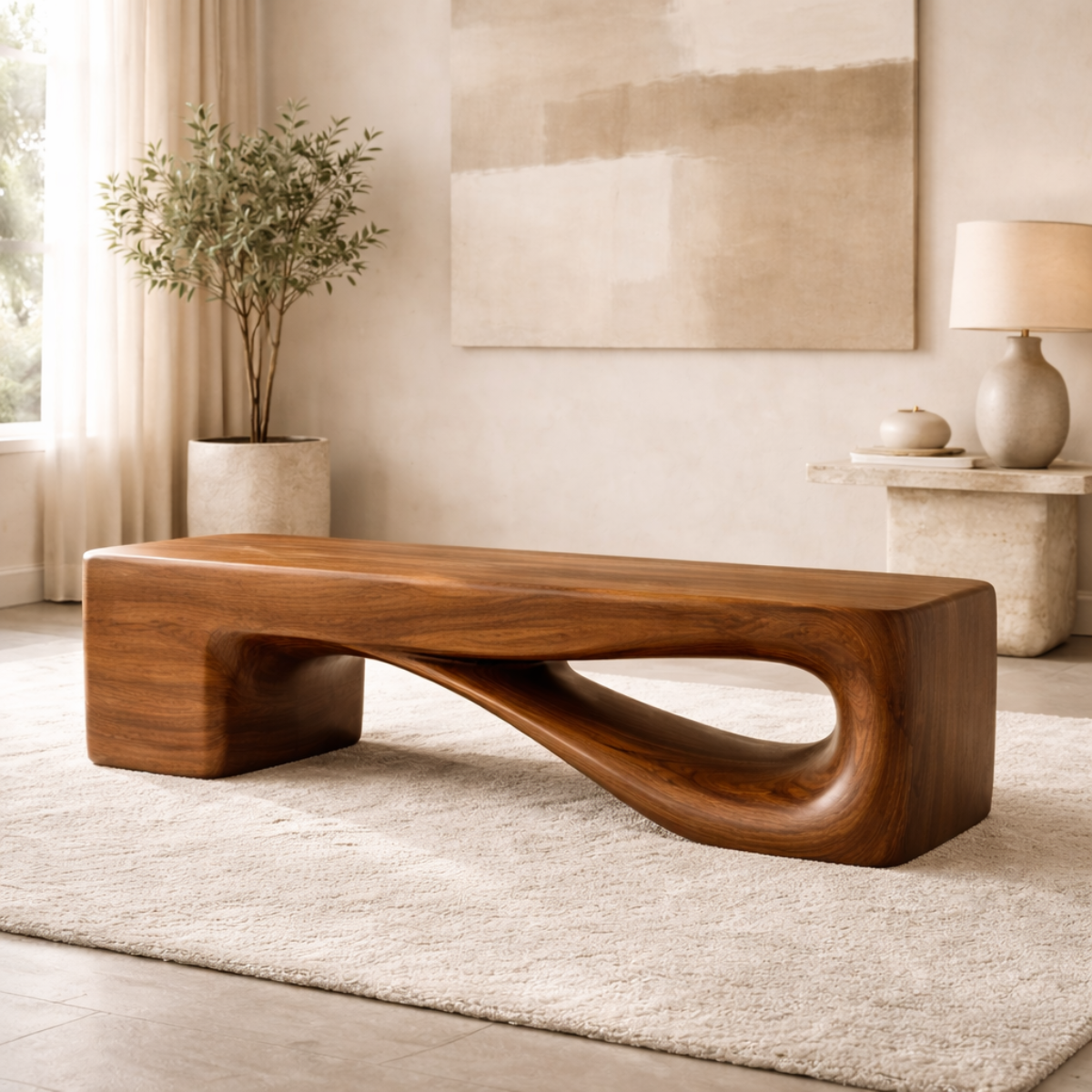 Modern Sculptural Wooden Entryway Bench, Curved Hallway Seating for Luxury Homes - view 2 of 7
