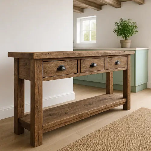 Rustic Solid Wood Console Table with Black Iron Handles, Handcrafted - view 1 of 5
