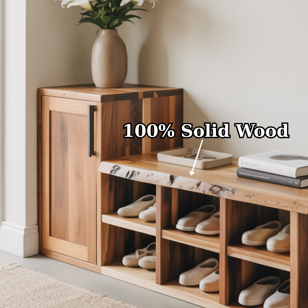 Handcrafted Solid Wood Bench - Live-Edge Entryway Shoe Storage Cabinet - view 3 of 5