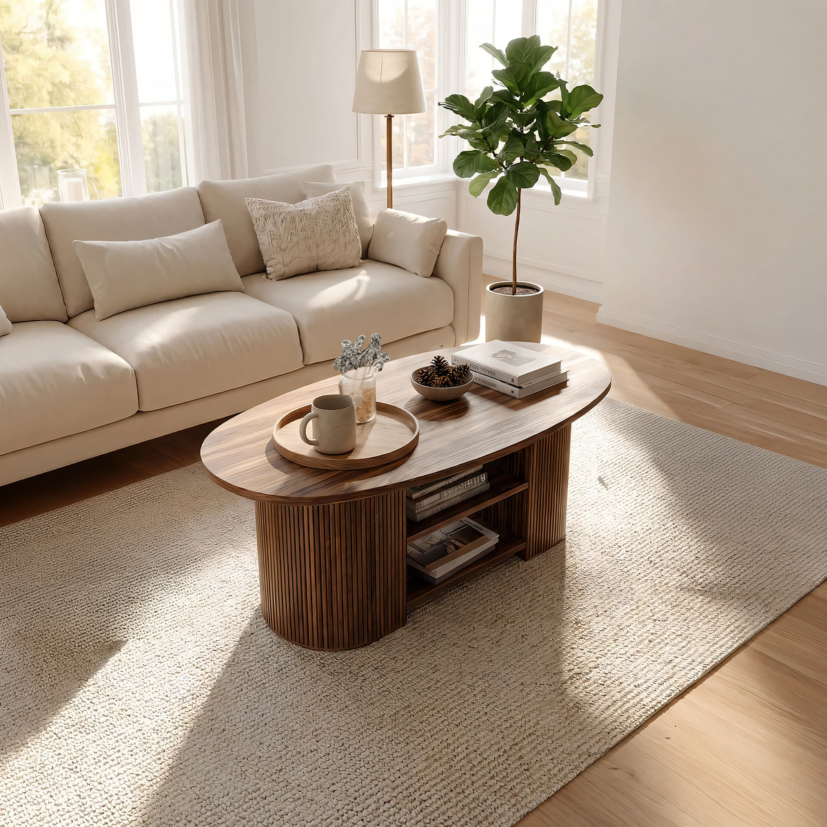 Oval Coffee Table with Fluted Base and Dual Shelf Storage - view 5 of 7