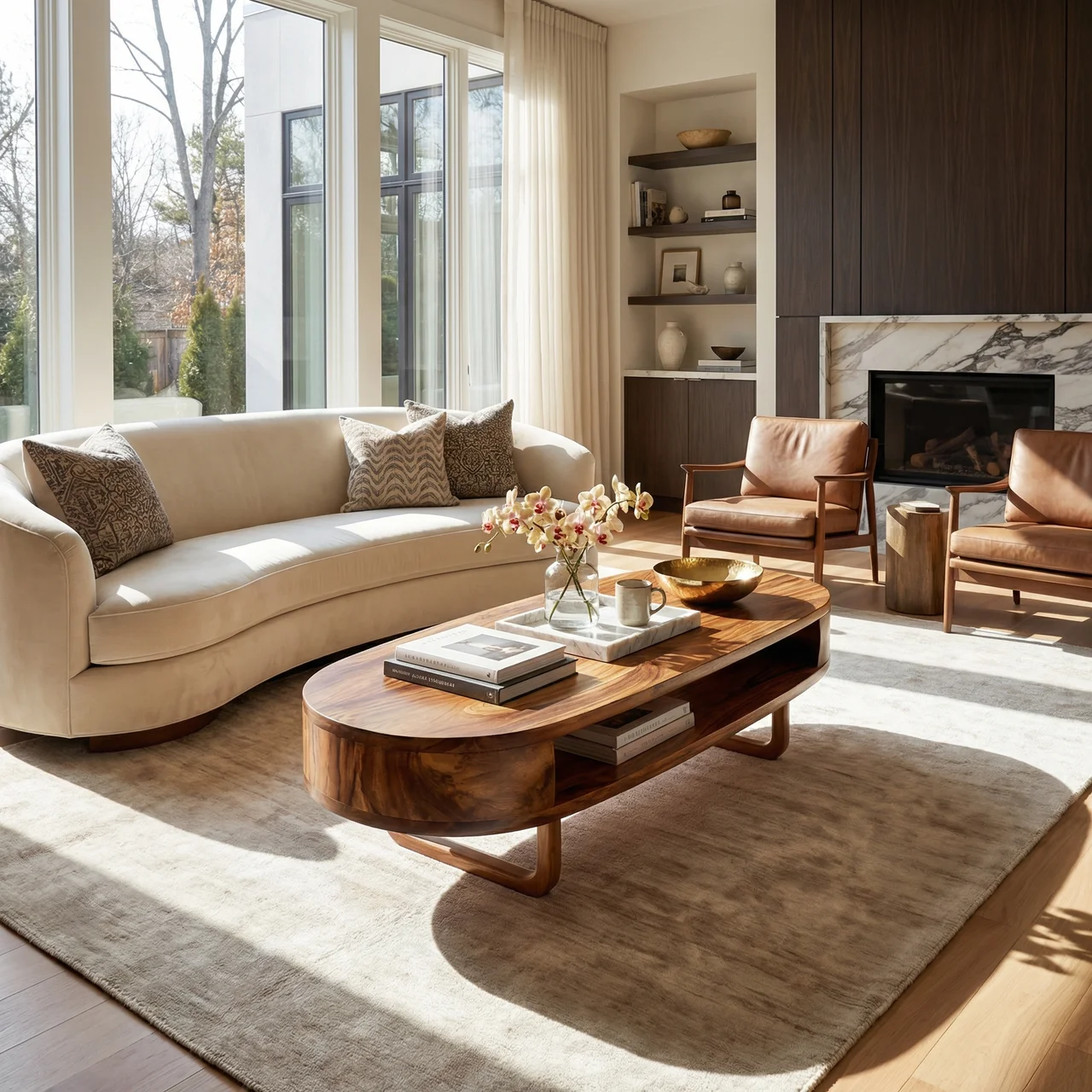 Solid Wood Oval Coffee Table with Shelf  Modern Natural Wood Living Room Table - view 4 of 6