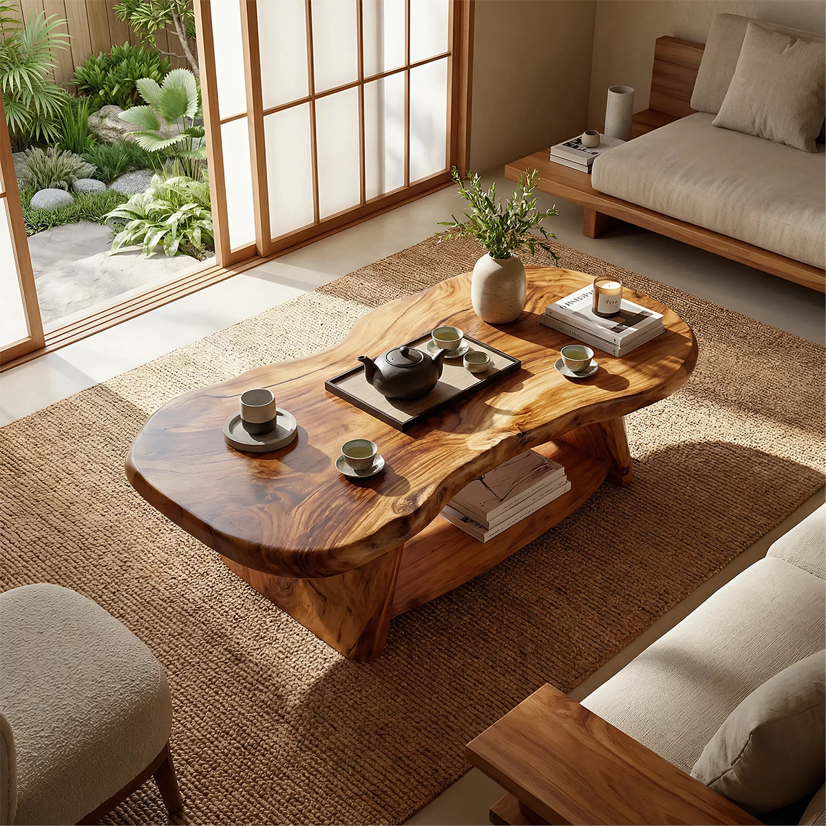 Live Edge Solid Wood Coffee Table Organic Shape Natural Wood Tea Table with Shelf - view 2 of 7