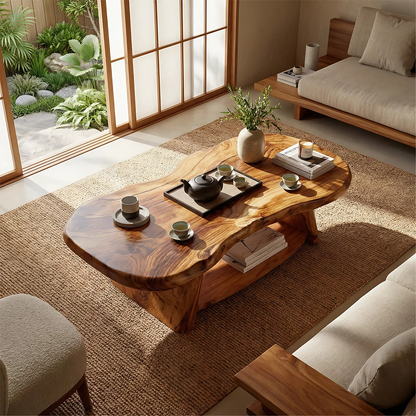Live Edge Solid Wood Coffee Table Organic Shape Natural Wood Tea Table with Shelf - view 2 of 7