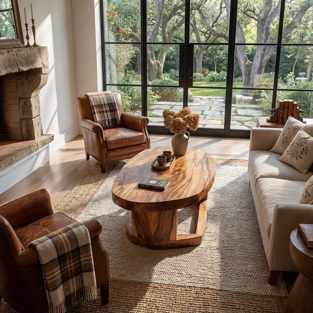 Solid Wood Oval Coffee Table handcrafted Natural Wood Living Room Table with Sculptural Base - view 5 of 7