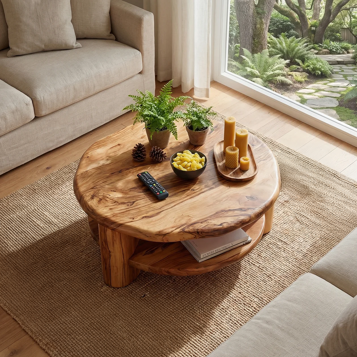 Round Solid Wood Coffee Table with Shelf Handcrafted Natural Wood Living Room Table - view 2 of 7