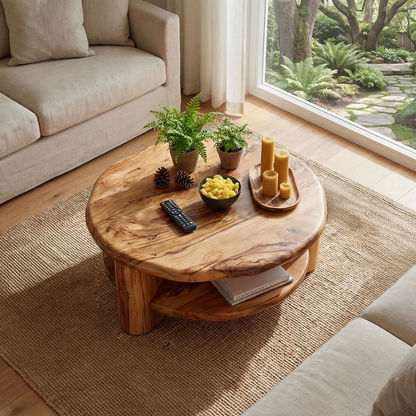 Round Solid Wood Coffee Table with Shelf Handcrafted Natural Wood Living Room Table - view 2 of 7