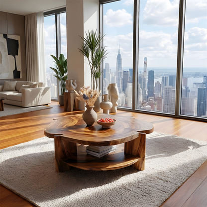 Live Edge Round Solid Wood Coffee Table Natural Wood Center Table with Shelf - view 3 of 7