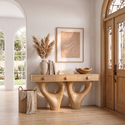 Rustic Console Table With Sculptural Double Pedestal Wood Base And Solid Wood Top For Entryway And Living Room - view 5 of 8