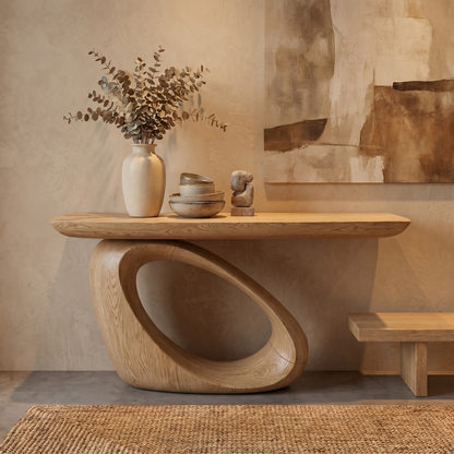 Modern Organic Console Table With Sculptural Loop Pedestal Wood Base For Entryway And Living Room - view 5 of 8