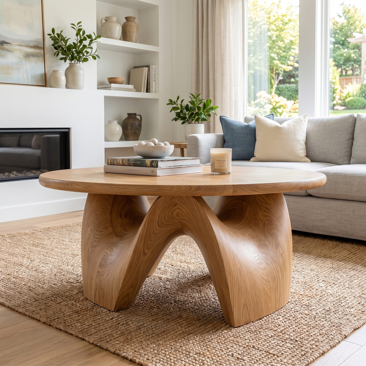 Rustic Coffee Table With Sculptural Solid Wood Base And Round Live Edge Top For Living Room - view 5 of 8