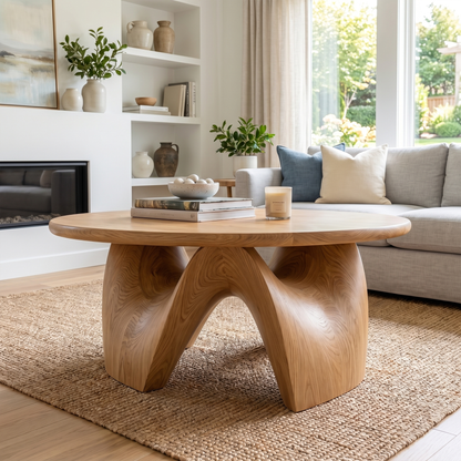 Rustic Coffee Table With Sculptural Solid Wood Base And Round Live Edge Top For Living Room - view 5 of 8