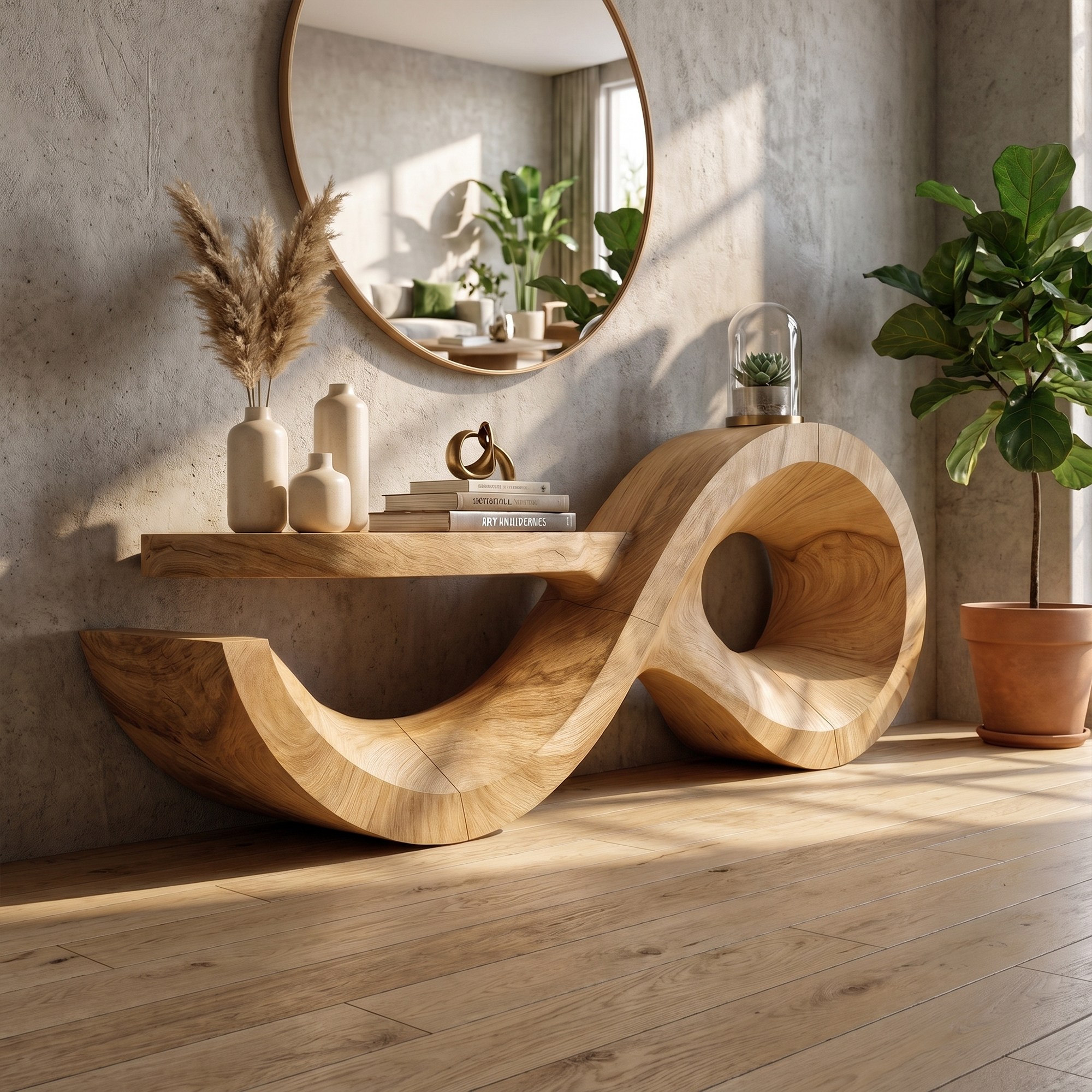Contemporary Console Table With Sculptural Wave Wood Base And Solid Wood Top For Living Room - view 5 of 8