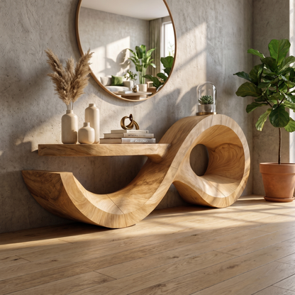 Contemporary Console Table With Sculptural Wave Wood Base And Solid Wood Top For Living Room - view 5 of 8