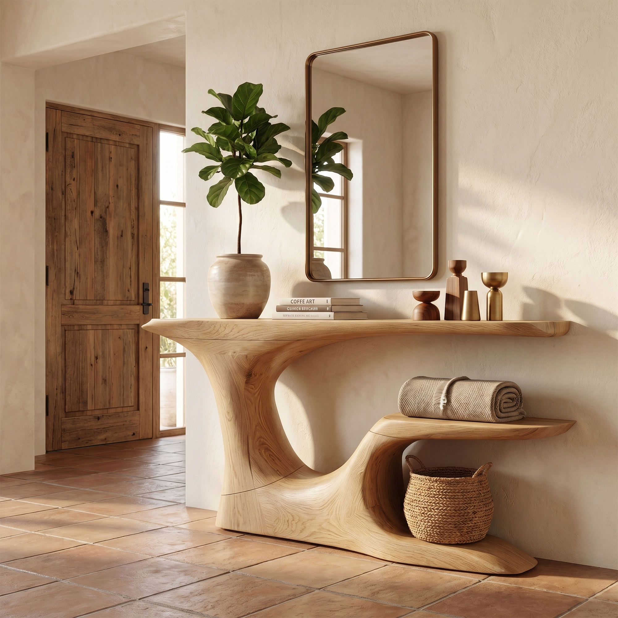 Rustic Organic Console Table With Live Edge Top And Sculptural Solid Wood Base For Entryway - view 5 of 8