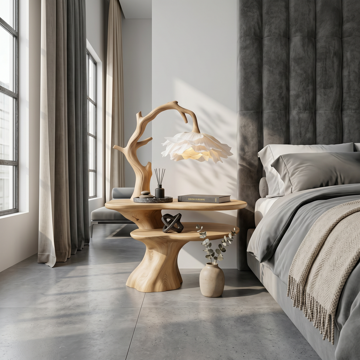 Natural Bedside Table With Floral Lamp And Tree Branch Form For Bedroom And Guest Room - view 5 of 8