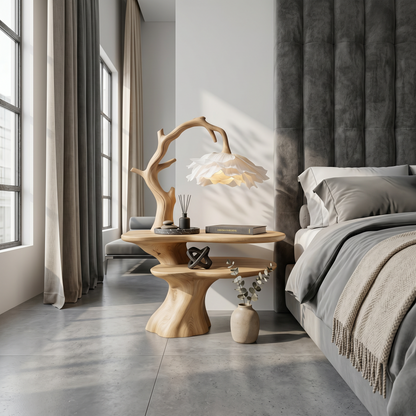 Natural Bedside Table With Floral Lamp And Tree Branch Form For Bedroom And Guest Room - view 5 of 8